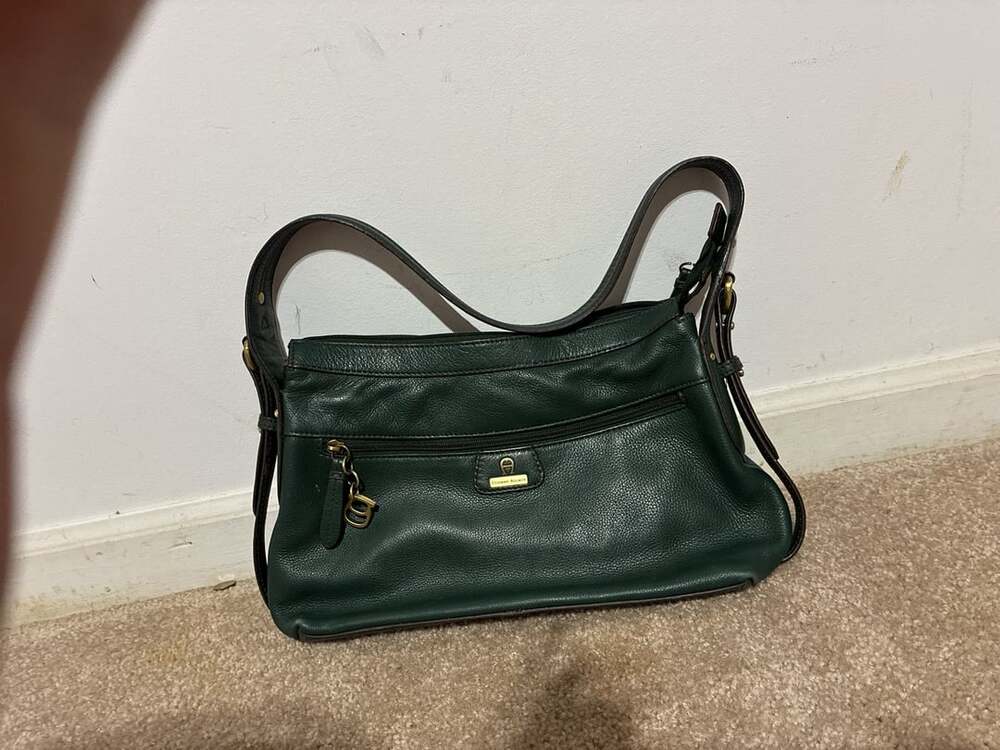 Etienne Aigner Dark Green Pebbled Leather Shoulder Bag Purse